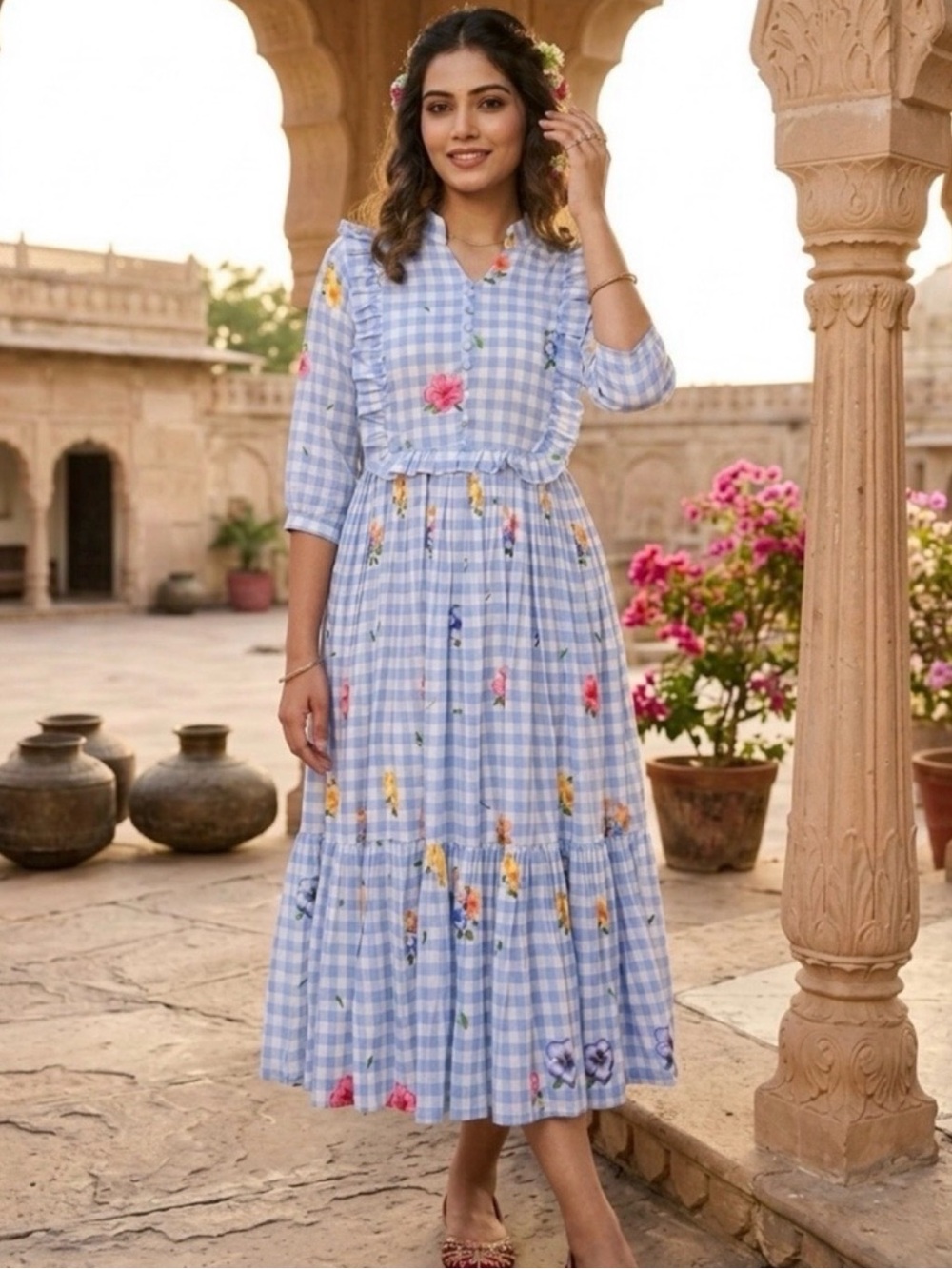 Light Blue Gingham Midi Dress with Floral Print - Picture 3 of 6